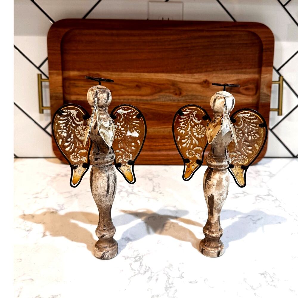 Vintage-Inspired Spool Spindle Flower Angel Ornament wood body glass wings x2